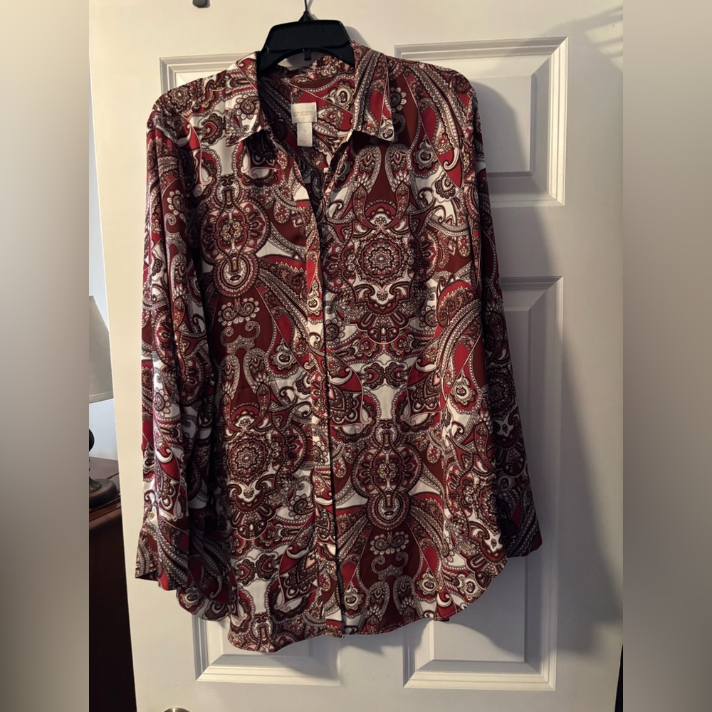 Chico's Red and Brown Paisley Women’s Blouse size 3